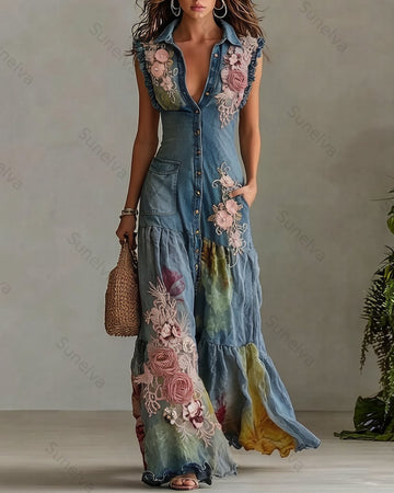 Women's Summer Vacation Flowers Embroidery Patchwork Dress 5052