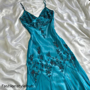 Blue fashion elegant delicate beading spaetti straps long chiffon elegant ball gown evening dress party dress