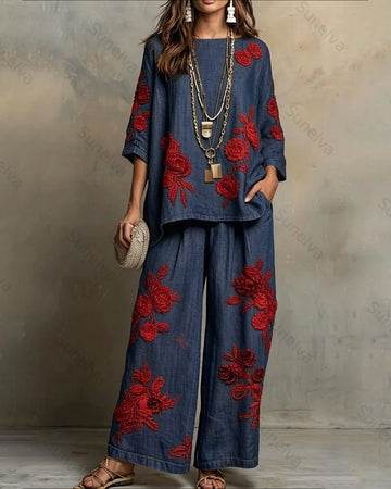 Women's Summer Resort Floral Embroidered Linen short-sleeved top & Pants Two-Piece Set   6766