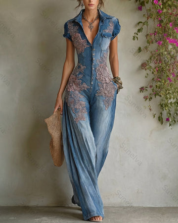 Women's Summer Elegant Floral Embroidered Patchwork Linen Jumpsuit 4528