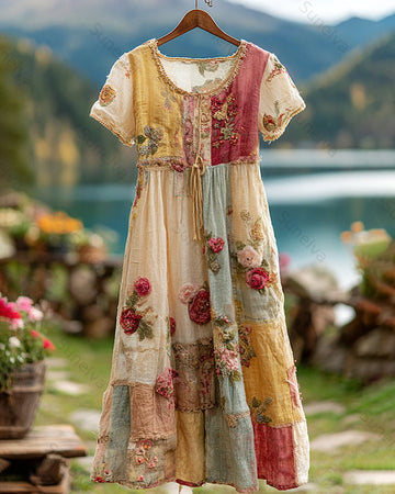 Women's Summer Vacation Floral Embroidered Color-Blocked Short-Sleeve Dress 4072