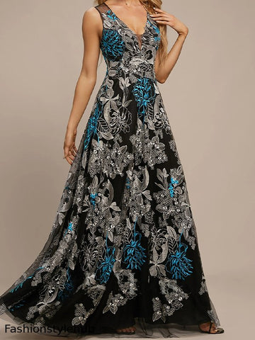 A-line V-Neck Floor-Length Lace Evening Dress