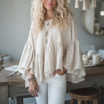 Women's Elegant, Loose-fitting, Comfortable, Breathable Linen Round Neck Flared Sleeve Long-sleeved Top