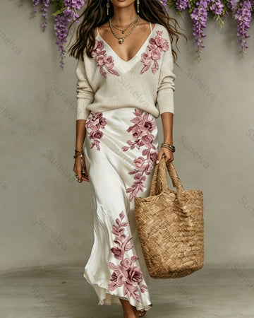 Women's Summer Pink Floral Embroidered  Two-piece set of top and skirt 4288