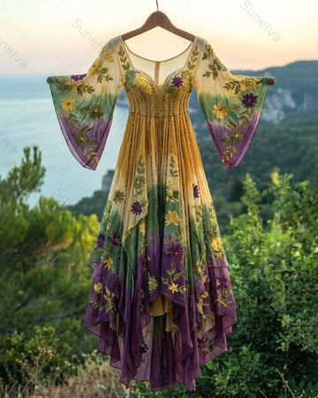 Women's Summer Vacation Floral Embroidered Ombre Three-Quarter-Sleeve Dress 8770