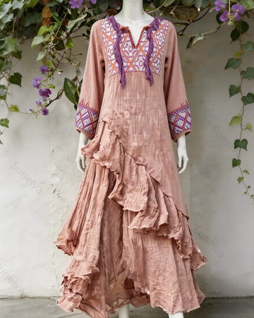 Women's Vacation Contrasting Color Irregular Ruffle Linen Dress 9423
