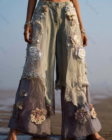 Women's Outdoor Fashion Floral Embroidery Color Block Gradient Denim Linen Pants 9772