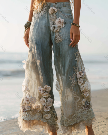 Women's Outdoor Fashion Floral Embroidery Color Block Gradient Denim Linen Pants 6197