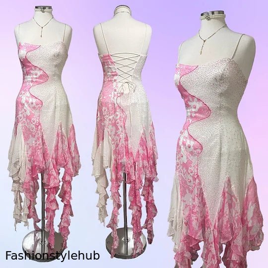 Pink and White Exquisite Beaded Floral Elegant Long Tassel Ruffle Chiffon Ball Gown Evening Dress Party Dress Prom Dress