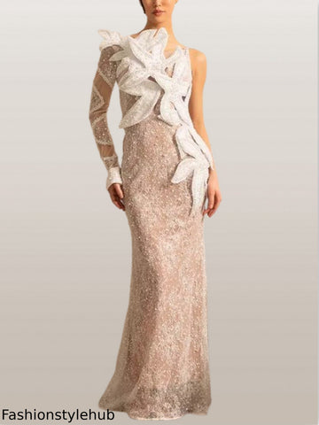 Embellished One-Sleeve White Gown with Appliques