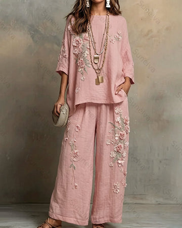 Women's Summer Resort Floral Embroidered Linen short-sleeved top & Pants Two-Piece Set   6871