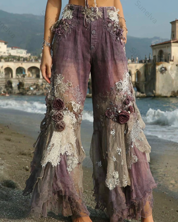 Women's Outdoor Fashion Floral Embroidery Color Block Gradient Denim Linen Pants 3717