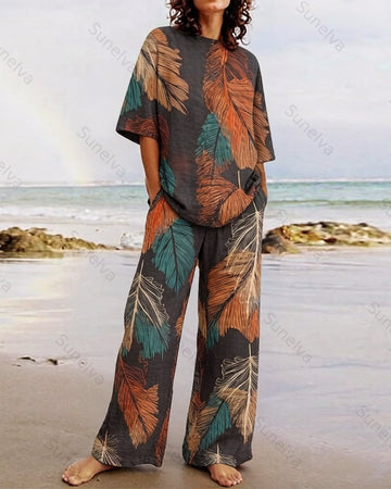 Women's Summer Resort Floral Embroidered Linen short-sleeved top & Pants Two-Piece Set   8625