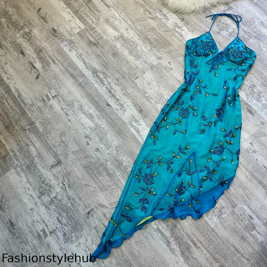 Blue Beaded Floral Long Chiffon Ball Gown Evening Gown Party Dress