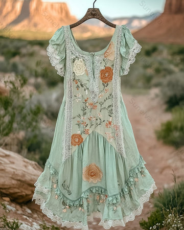 Women's Summer Floral Embroidered Patchwork Linen Dress 8053