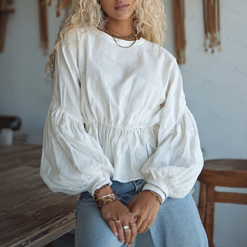Women's Elegant, Loose, Comfortable, Breathable Linen Cotton Long-sleeved Top With Round Neck And Puff Sleeves