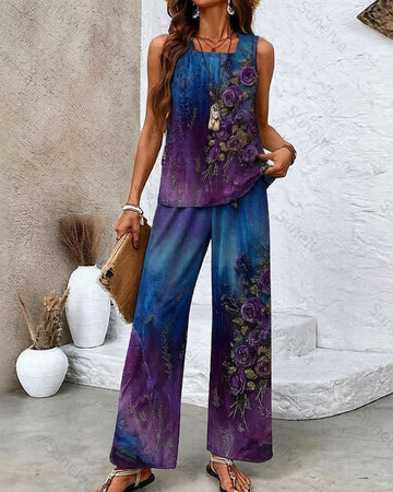 Women's Summer Resort Floral Embroidery Tie-Dye Gradient Linen Sleeveless Top & Pants Two-Piece Set 3551