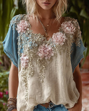 Women's Summer Fashion: Color-Blocked Floral Embroidered Linen Short-Sleeve Top 1927