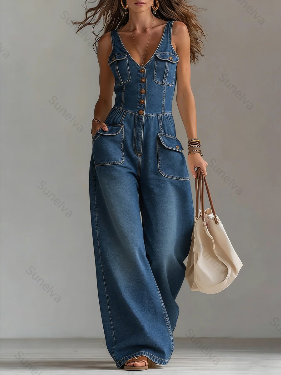 Women's Casual Denim Jumpsuit With Wide-leg Pants 104b