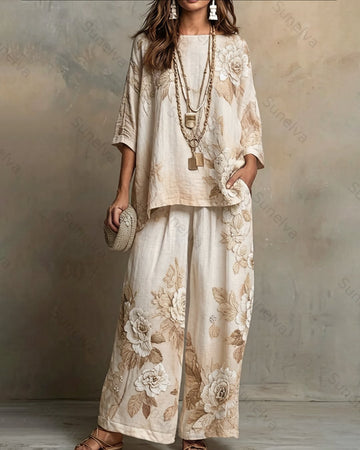 Women's Summer Resort Floral Embroidered Linen short-sleeved top & Pants Two-Piece Set   2988