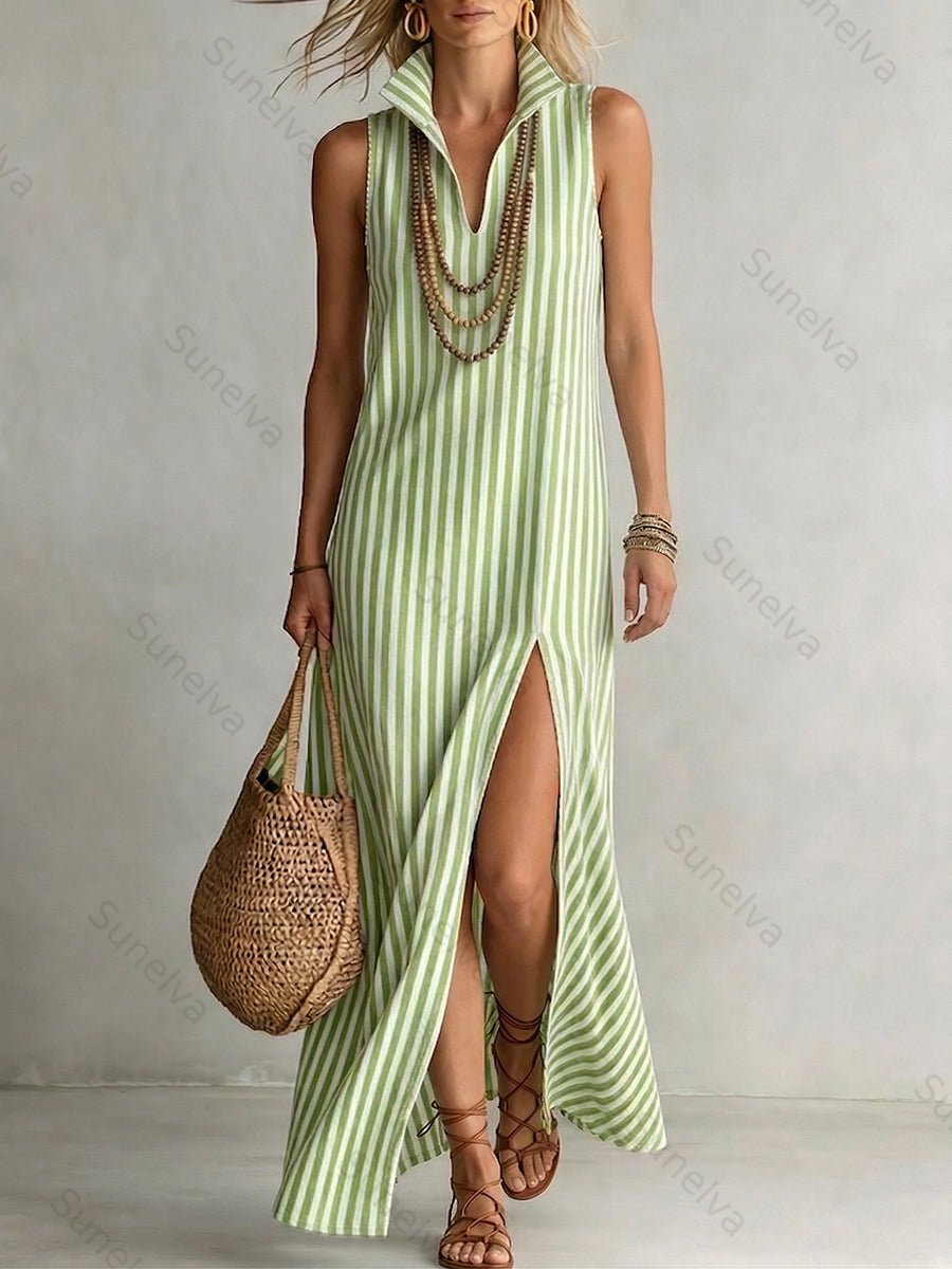 Stylish Classic Striped Stand-collar Cotton-linen Maxi Dress cf9d