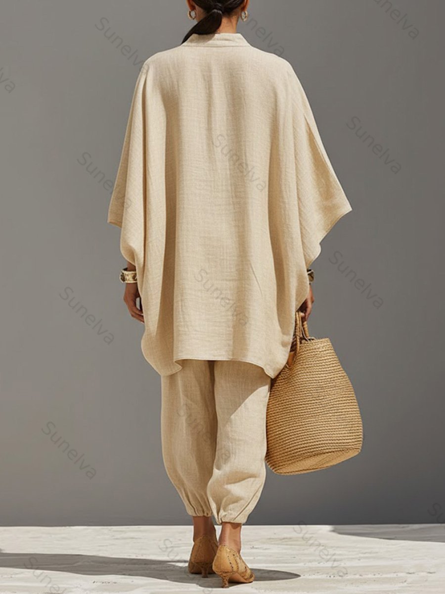 Women's Solid Color V-neck Long Sleeve Casual Loose Cotton Linen Top With Elastic Waist And Wide-leg Pants Set 4aad