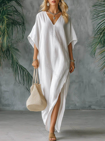 Women's Solid Color V-neck 3/4 Sleeve Casual Loose Cotton And Linen Dress c6a5