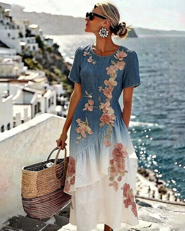 Women's Elegant Asymmetrical Ruffled Denim Patchwork Linen Floral Dress 5881