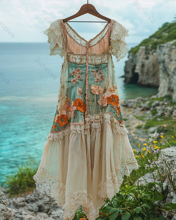 Women's Summer Floral Embroidered Patchwork Linen Dress 1432