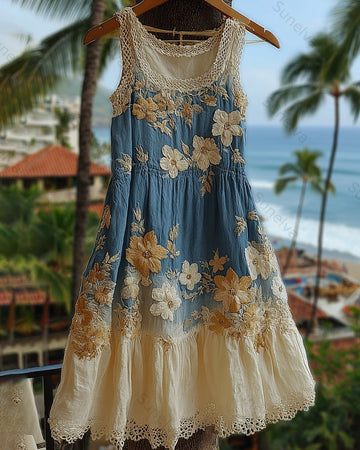 Women's Summer Vacation Floral Embroidered Ombre Sleeveless Dress 5033
