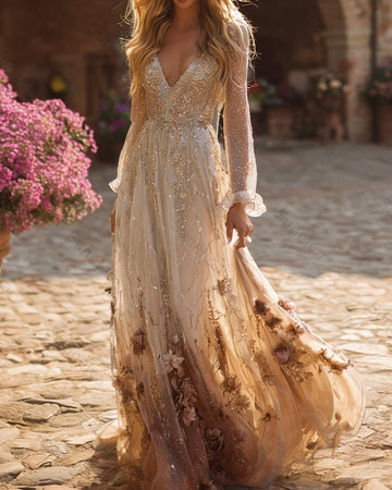 Women's Retro Bohemian Style Floral Embroidery Flowy Linen Maxi Dress  1616