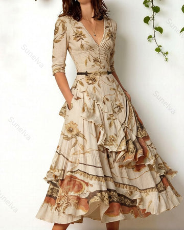 Women's elegant irregular ruffled linen patchwork dress 9364