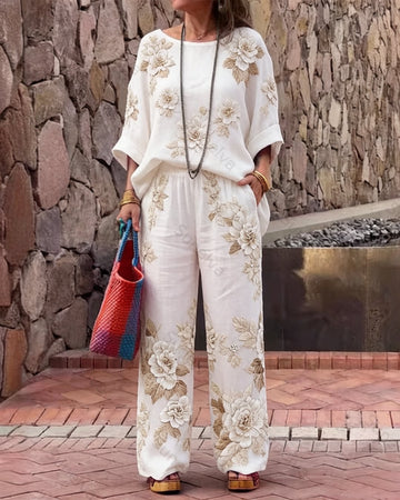 Women's Summer Resort Floral Embroidered Linen short-sleeved top & Pants Two-Piece Set   3043