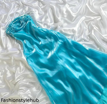 Shiny Turquoise Satin Strapless Midi Dress, Sleeveless Slim-Fit Elegant Gown