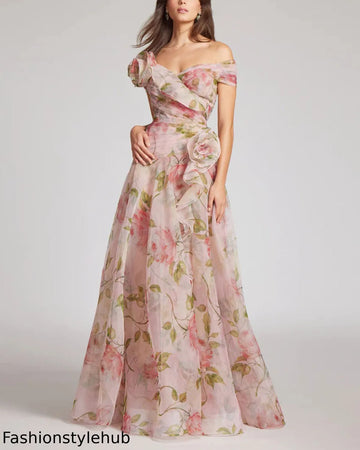\Off the Shoulder Organza Floral Gown