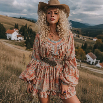 Women's Spring Outdoor Retro Style High Waist Romantic Floral V-Neck Dress