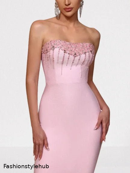 Embellished Strapless Fitted Long Pink Gown