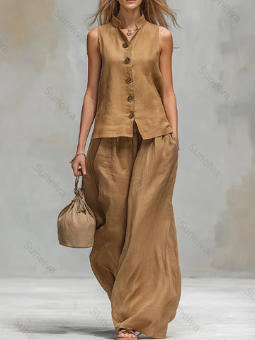 Comfortable And Casual V-neck Sleeveless Button-down Top And Trousers Set 7662