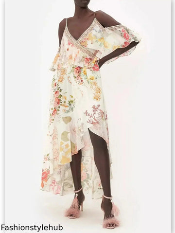 Floral Printed Cold-Shoulder Ruffle Silk Dress