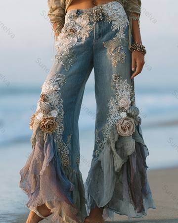 Women's Outdoor Fashion Floral Embroidery Color Block Gradient Denim Linen Pants 5088