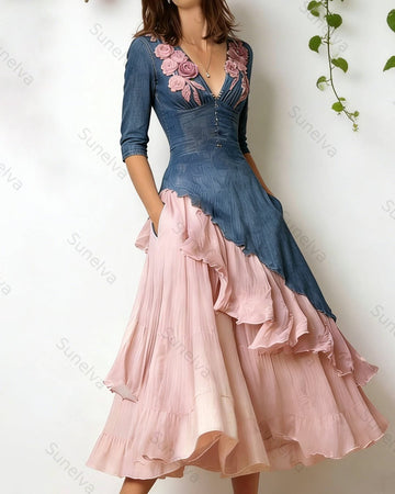 Women's Summer Contrast Patchwork Irregular Ruffle Floral Embroidered Dress 1141