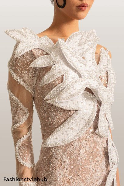 Embellished One-Sleeve White Gown with Appliques