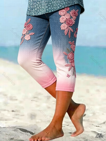 Women's Outdoor Fashion Gradient Color Floral Embroidery Leggings  8007