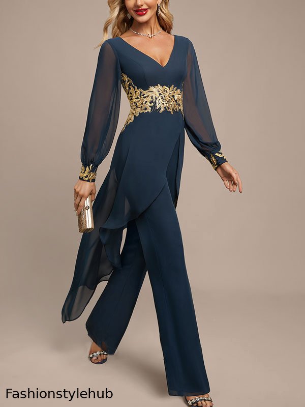 Jumpsuit/Pantsuit Separates V-Neck Floor-Length Chiffon Evening Dress With Appliques Lace