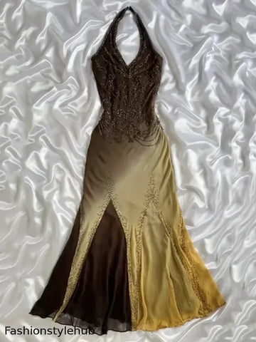 Vintage Gradient Hand-Beaded Halter Neck Mermaid Evening Gown