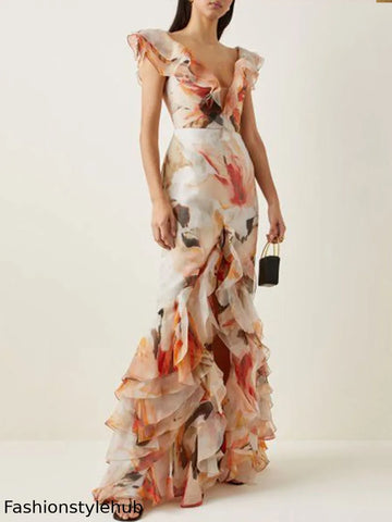 Elegant Romantic V Neck Flower Party Holiday Evening Dress