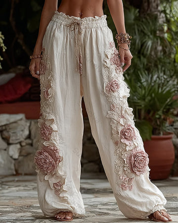 Women's Summer Fashion Floral Embroidered Linen Trousers 1197