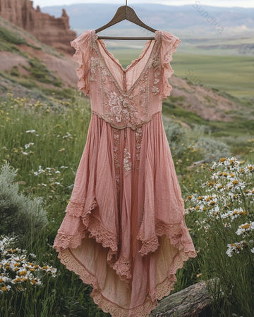 Women's Summer Floral Embroidered Patchwork Linen Dress 5133