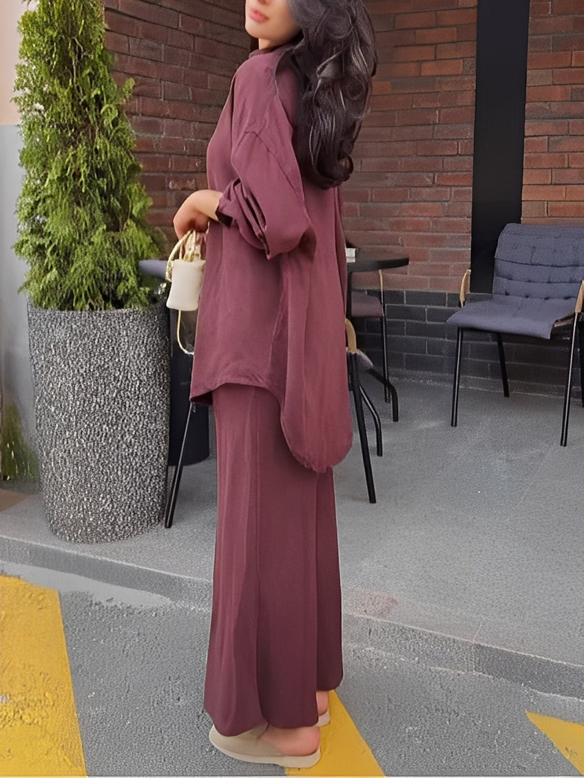 Red Long-sleeved Tie-Drawstring Shirt and Skirt Set