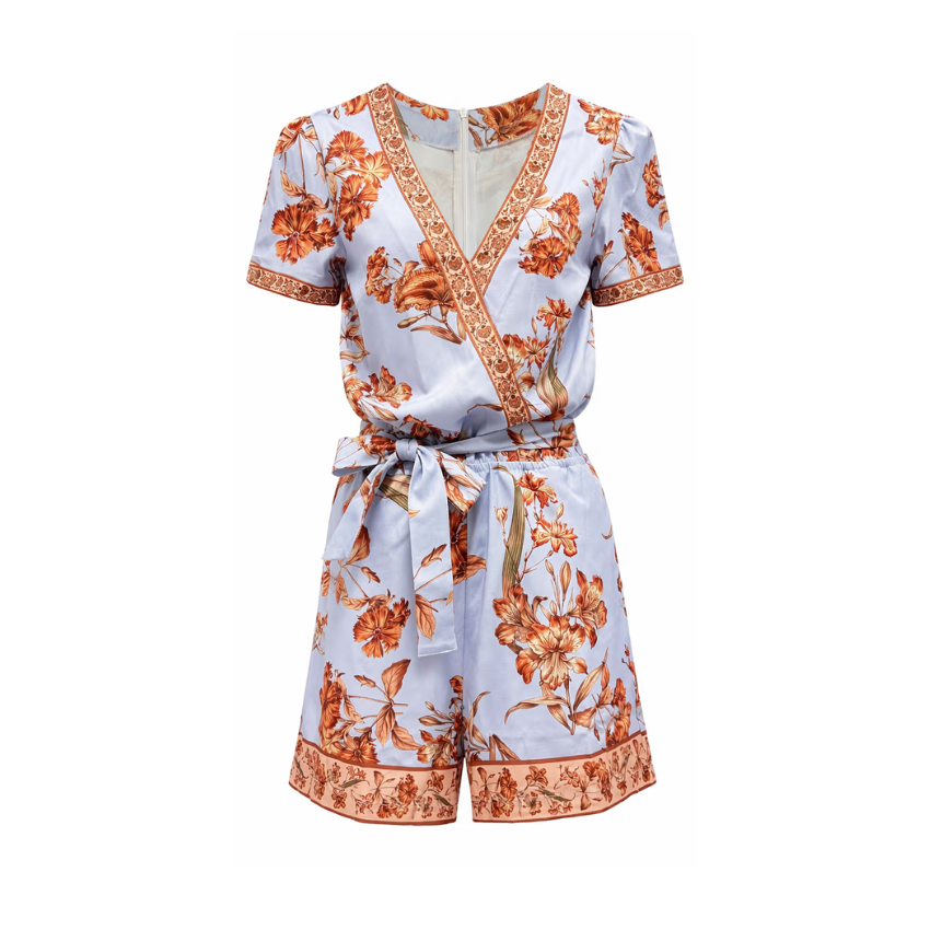 Light Blue Orange Floral Trim Wrap Short Sleeve Romper
